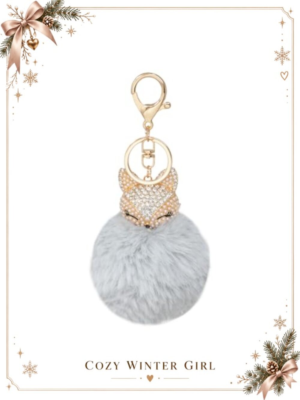 Faux Rabbit Fur Fox Head Keychain Rhinestone Sparkly Bag Charm
